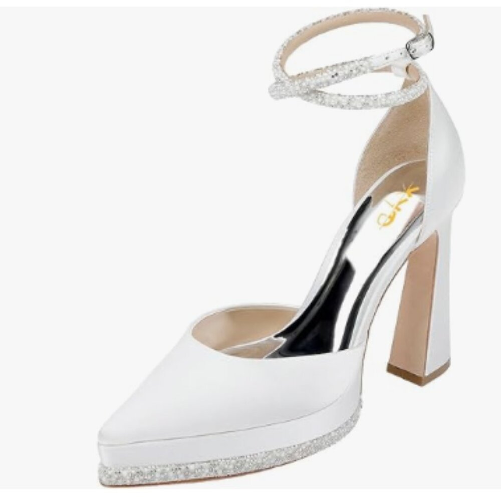 XYD White Pointed Toe Platforms Glamorous Crystal Ankle Wrap Block Heels Shoes